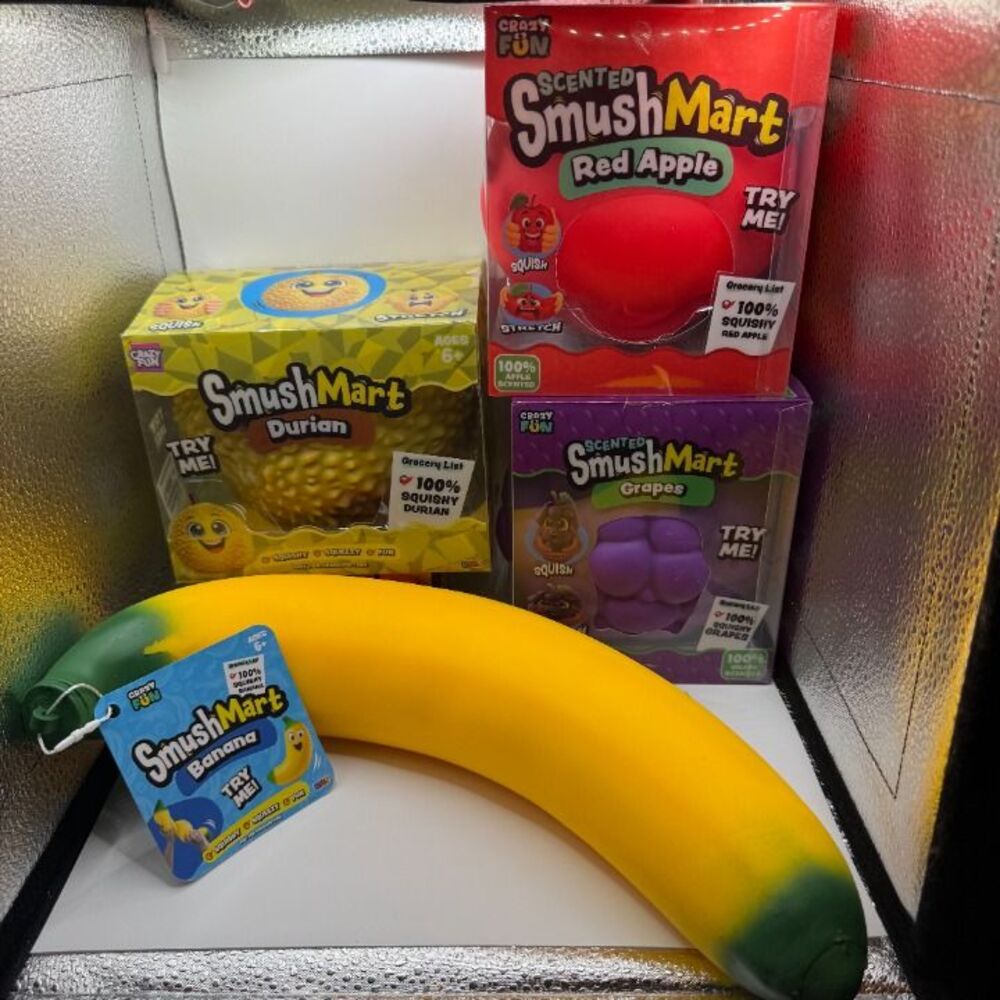 SmushMart Fruit Bundle: Red Apple, Durian, Grape, Banana - Squishy Toy